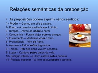 Relações semânticas da preposição As preposições podem exprimir vários sentidos: 1- Modo –  Comeu um bife  a  cavalo. 2- Preço – A casa foi avaliada  em  1 bilhão.  3- Direção – Atirou-se  sobre  o herói. 4- Companhia – Foram viajar  com  os amigos. 5- Instrumento – Martelava  com  o ferro. 6- Procedência – Vim  de  Paris. 7- Assunto – Falou  sobre  linguística. 8- Tempo –  Por  dez anos vivi em Londres. 9- Lugar – Cantava  pelos  bares da vida. 10- Posição inferior – O livro estava  sob  a carteira. 11- Posição superior – O livro estava  sobre  a carteira. 