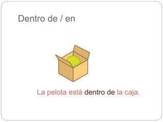 Dentro de / en
La pelota está dentro de la caja.
 