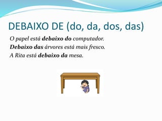 DEBAIXO DE (do, da, dos, das)
O papel está debaixo do computador.
Debaixo das árvores está mais fresco.
A Rita está debaixo da mesa.
 