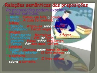 As preposições podem exprimir
vários sentidos:
1- Modo – Comeu um bife a cavalo.
2- Preço – A casa foi avaliada em 1
bilhão.
3- Direção – Atirou-se sobre o herói.
4- Companhia – Foram viajar com os
amigos.
5- Instrumento – Martelava com o ferro.
6- Procedência – Vim de Paris.
7- Assunto – Falou sobre linguística.
8- Tempo – Por dez anos, vivi em
Londres.
9- Lugar – Cantava pelos bares da vida.
10- Posição inferior – O livro estava sob
a carteira.
11- Posição superior – O livro estava
sobre a carteira.
 