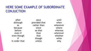 HERE SOME EXAMPLE OF SUBORDINATE 
CONJUCTION 
after 
although 
as 
because 
before 
even if 
even though 
if 
in order that 
once 
provided that 
rather than 
since 
so that 
than 
that 
though 
unless 
until 
when 
whenever 
where 
whereas 
wherever 
whether 
while 
why 
 