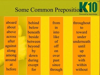 Some Common Prepositions aboard about above across after against  along among around  at before behind below beneath besid...