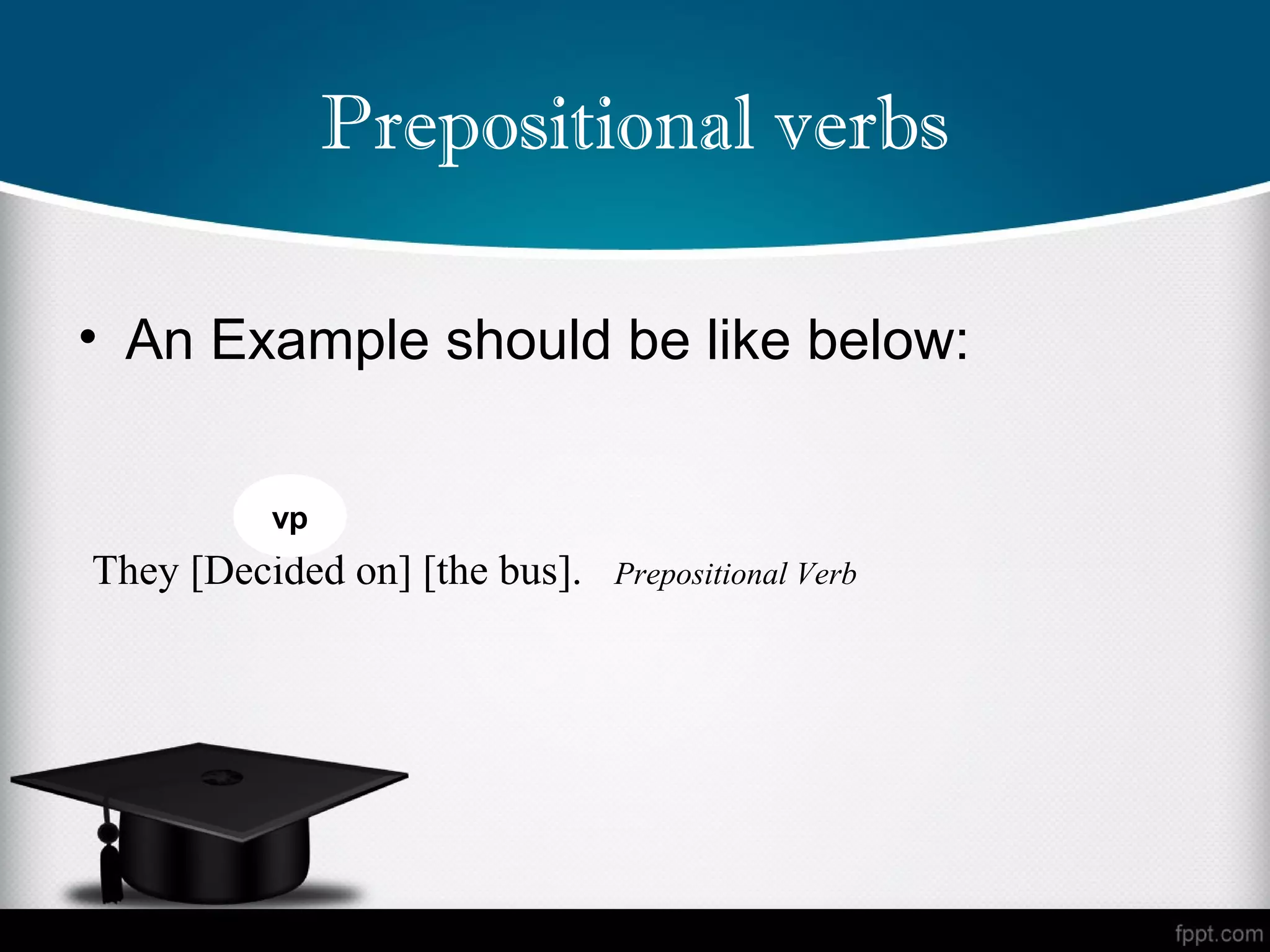 Prepositional verbs

• An Example should be like below:


          vp
They [Decided on] [the bus].   Prepositional Verb
 