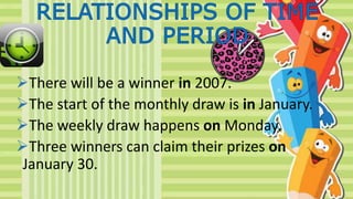 There will be a winner in 2007. 
The start of the monthly draw is in January. 
The weekly draw happens on Monday. 
Three winners can claim their prizes on 
January 30. 
 