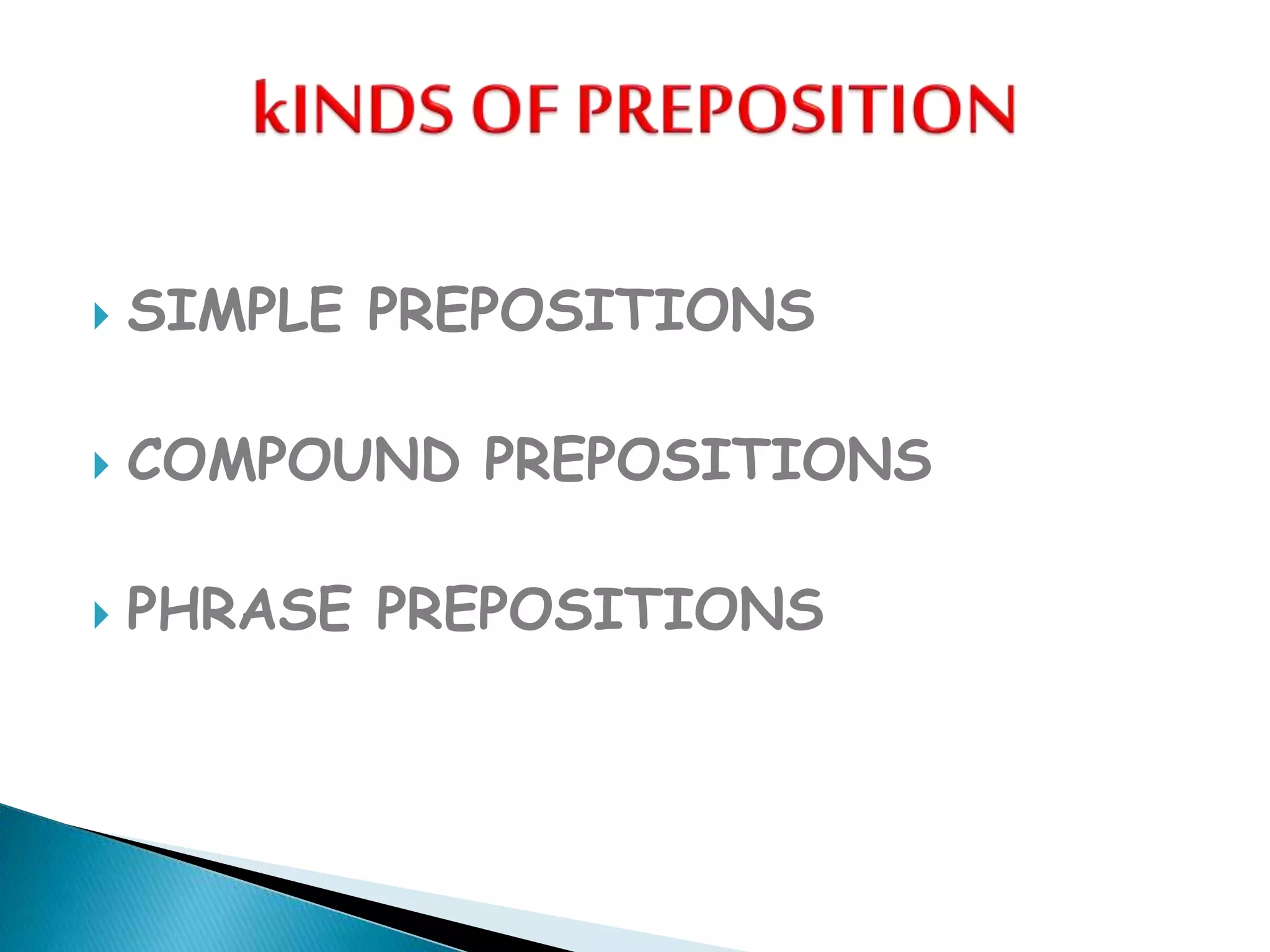  SIMPLE PREPOSITIONS
COMPOUND PREPOSITIONS
PHRASE PREPOSITIONS