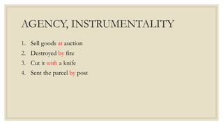 AGENCY, INSTRUMENTALITY
1. Sell goods at auction
2. Destroyed by fire
3. Cut it with a knife
4. Sent the parcel by post
 