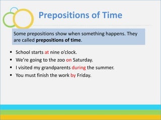 Prepositions of Time
 School starts at nine o’clock.
 We’re going to the zoo on Saturday.
 I visited my grandparents during the summer.
 You must finish the work by Friday.
Some prepositions show when something happens. They
are called prepositions of time.
 