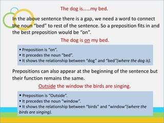 The dog is……my bed.
In the above sentence there is a gap, we need a word to connect
the noun “bed” to rest of the sentence. So a preposition fits in and
the best preposition would be “on”.
The dog is on my bed.
Prepositions can also appear at the beginning of the sentence but
their function remains the same.
Outside the window the birds are singing.
 Preposition is “on”.
 It precedes the noun “bed”.
 It shows the relationship between “dog” and “bed”(where the dog is).
 Preposition is “Outside”.
 It precedes the noun “window”.
 It shows the relationship between “birds” and “window”(where the
birds are singing).
 