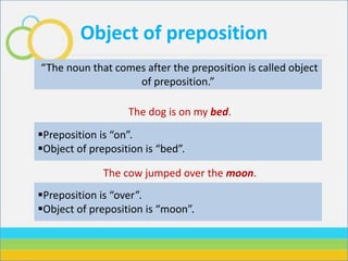 Object of preposition
The dog is on my bed.
The cow jumped over the moon.
“The noun that comes after the preposition is called object
of preposition.”
Preposition is “on”.
Object of preposition is “bed”.
Preposition is “over”.
Object of preposition is “moon”.
 