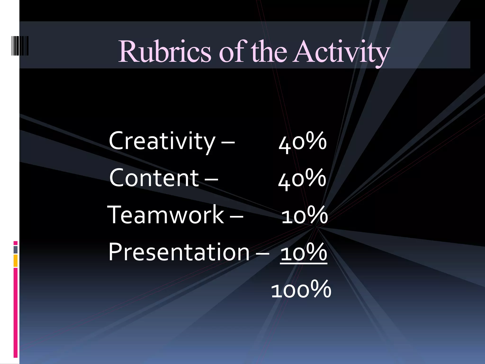 Creativity – 40%
Content – 40%
Teamwork – 10%
Presentation – 10%
100%
Rubrics of theActivity
 