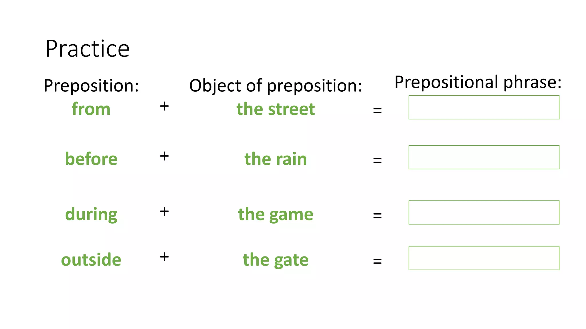 What are prepositional phrases?
• First, let’s review the definition of a preposition:
• A preposition links a noun to another word by indicating the location or time.
We went to English class on Monday.
Where’d you go? When did you go?
person, place, thing or idea
 
