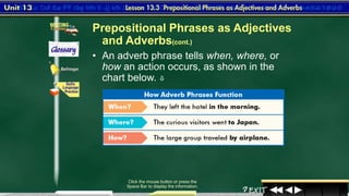 5
Click the mouse button or press the
Space Bar to display the information.
• An adverb phrase tells when, where, or
how an action occurs, as shown in the
chart below. 
Prepositional Phrases as Adjectives
and Adverbs(cont.)
 