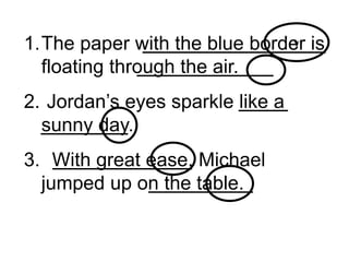 v
1.The paper with the blue border is
floating through the air.
2. Jordan’s eyes sparkle like a
sunny day.
3. With great ease, Michael
jumped up on the table.
 