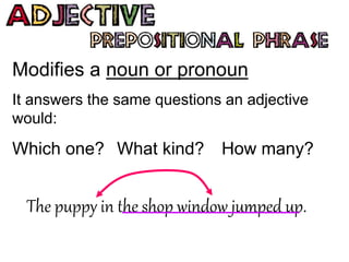 Modifies a noun or pronoun
It answers the same questions an adjective
would:
Which one? What kind? How many?
The puppy in the shop window jumped up.
 