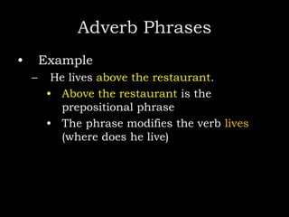 Adverb Phrases
• Example
– He lives above the restaurant.
• Above the restaurant is the
prepositional phrase
• The phrase modifies the verb lives
(where does he live)
 