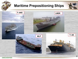 Maritime Prepositioning Ships
 T- AKE                 LMSR




                                T- AK
             MLP




                                        2
 