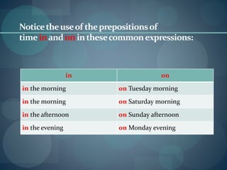 Noticetheuseof theprepositionsof
timeinandon inthesecommonexpressions:
in on
in the morning on Tuesday morning
in the morning on Saturday morning
in the afternoon on Sunday afternoon
in the evening on Monday evening
 