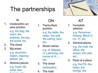 The partnerships
1.

2.
3.

4.

IN
Inside/within an
area position
e.g. the bag, the
room, the
airplane, the sky,
the world, etc.
The street
Big areas
e.g. countries,
region, regency,
district, etc.
Abstract places
e.g. heart, life,
mind, hell,

ON

AT

1. Top/surface
position
e.g. the table, the
water, the wall,
the ceiling, face,
etc.
2. Street names
e.g. Jl. Mapala,
Jl. Lasinrang, the
corner of Jl…,
etc.
3. The street
(sidewalks)
4. The road

1. Complete
address
e.g. Perumnas
Antang, Block C,
no. 17, etc.
2. General places
e.g. the mall, the
office, the
airport, the café,
etc.
3. Parts of a place
e.g. the FO, the
lobby, the
lounge, the

 