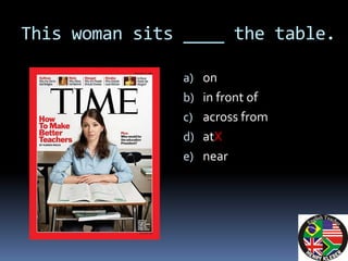 This woman sits ____ the table.

               a) on
               b) in front of
               c) across from
               d) atX
               e) near
 