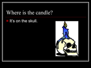 Where is the candle? It’s on the skull.