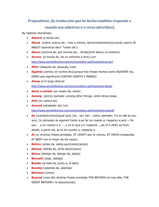 Prepositions Translated Into Spanish