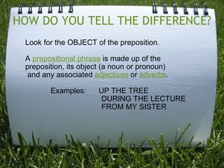 HOW DO YOU TELL THE DIFFERENCE? Look for the OBJECT of the preposition.   A  prepositional phrase  is made up of the preposition, its object (a noun or pronoun)   and any associated  adjectives  or  adverbs .                Examples:      UP THE TREE                                      DURING THE LECTURE                                      FROM MY SISTER 