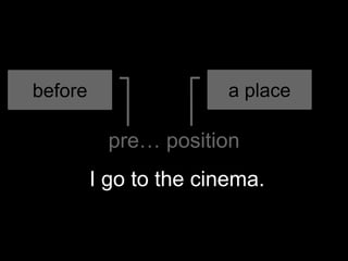 pre… position
a placebefore
I go to the cinema.
 