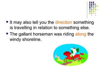  Itmay also tell you the direction something
  is travelling in relation to something else.
 The gallant horseman was riding along the
  windy shoreline.
 