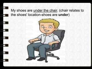 My shoes are under the chair. (chair relates to
the shoes' location-shoes are under)