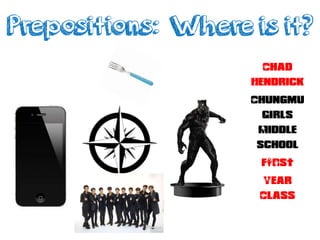 Prepositions: Where is it?
Chad
Hendrick
Chungmu
Girls
Middle
School
FIRST
Year
Class
 