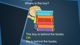 Where is the boy?
The boy is behind the books.
OR
He is behind the books.
 