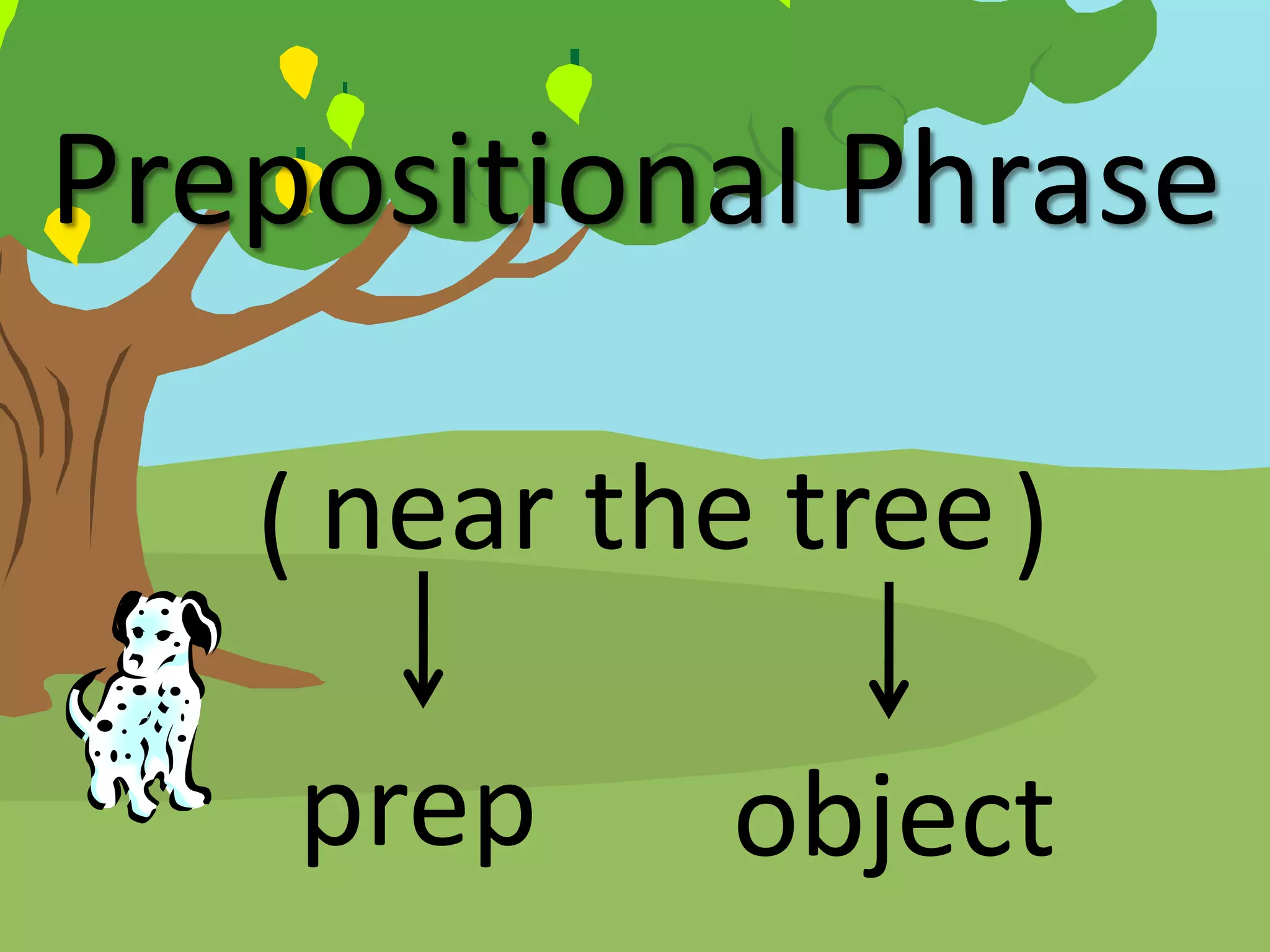 Prepositional Phrase
( near the tree )
prep object