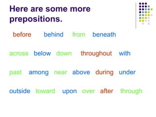 Here are some more prepositions. before   behind   from  beneath across  below   down   throughout  with  past  among   near   above   during   under outside  toward  upon   over   after  through 