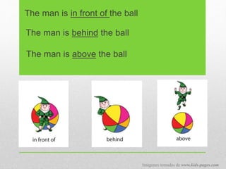 The man is in front of the ball
The man is behind the ball
The man is above the ball
Imágenes tomadas de www.kids-pages.com
 