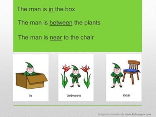 The man is in the box
The man is between the plants
The man is near to the chair
Imágenes tomadas de www.kids-pages.com
 