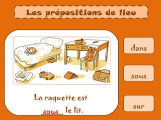 Les prépositions de lieu



                      dans


                      sous


 La raquette est
                       sur
   _____ le lit.
   sous
 