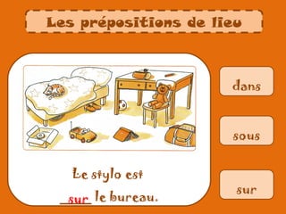 Les prépositions de lieu



                      dans


                      sous


   Le stylo est
                       sur
 ____ le bureau.
  sur
 