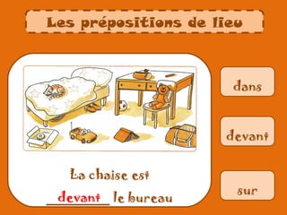 Les prépositions de lieu



                      dans


                     devant


   La chaise est
                       sur
 devant
________ le bureau
 