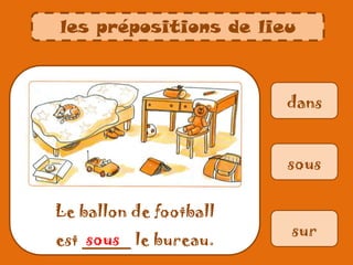 dans
Le ballon de football
est _____ le bureau.
sous
sur
sous
les prépositions de lieu
 