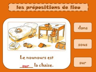 dans
Le nounours est
_____ la chaise.
sous
sur
sur
les prépositions de lieu
 
