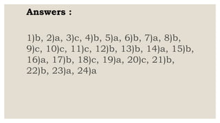 Answers :
1)b, 2)a, 3)c, 4)b, 5)a, 6)b, 7)a, 8)b,
9)c, 10)c, 11)c, 12)b, 13)b, 14)a, 15)b,
16)a, 17)b, 18)c, 19)a, 20)c, 21)b,
22)b, 23)a, 24)a
 