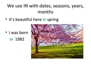 We use IN with dates, seasons, years,
months
• It’s beautiful here in spring
• I was born
in 1982
 