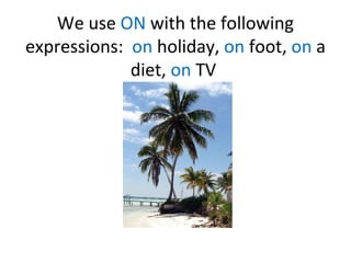 We use ON with the following
expressions: on holiday, on foot, on a
diet, on TV
 