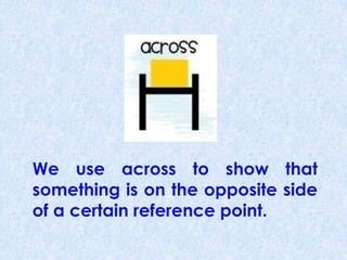 We use across to show that
something is on the opposite side
of a certain reference point.
 