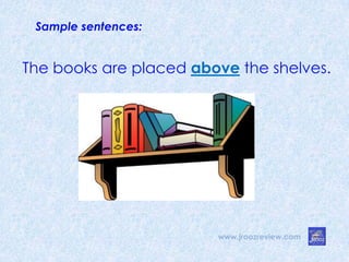 Sample sentences:
The books are placed above the shelves.
www.jroozreview.com
 