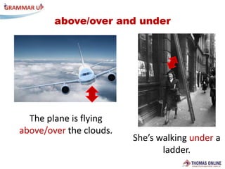 above/over andunderThe plane is flyingabove/overtheclouds.She’swalkingunder a ladder.