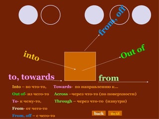 to ,  towards   from into Out of from, off Into  –  во что-то,  Towards -   по направлению к… Out of - из чего-то   Across  – через что-то (по поверхности) To - к чему-то ,  Through  –  через что-то  (изнутри) From - от чего-то From, off  – с чего-то back next 