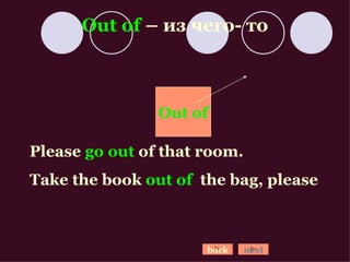 Out of  –  из чего- то Out of Please  go out  of that room. Take the book  out of   the bag, please back next 