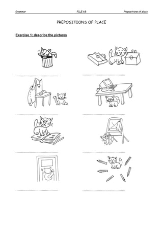 Grammar FILE 6B Prepositions of place
PREPOSITIONS OF PLACE
Exercise 1: describe the pictures
………………………………… …………………………………
………………………………… …………………………………
………………………………… …………………………………
………………………………… …………………………………
 