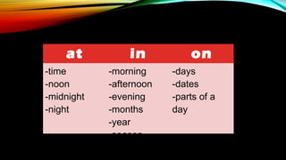 at in on
-time
-noon
-midnight
-night
-morning
-afternoon
-evening
-months
-year
-season
-days
-dates
-parts of a
day
 